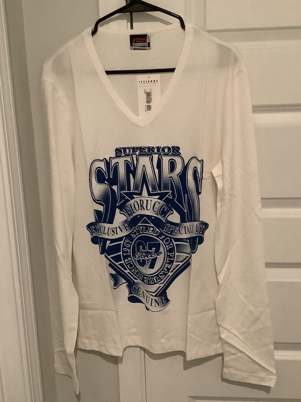 Fiorucci White V-Neck Tee with Blue Superior Stars Graphic, Brand New